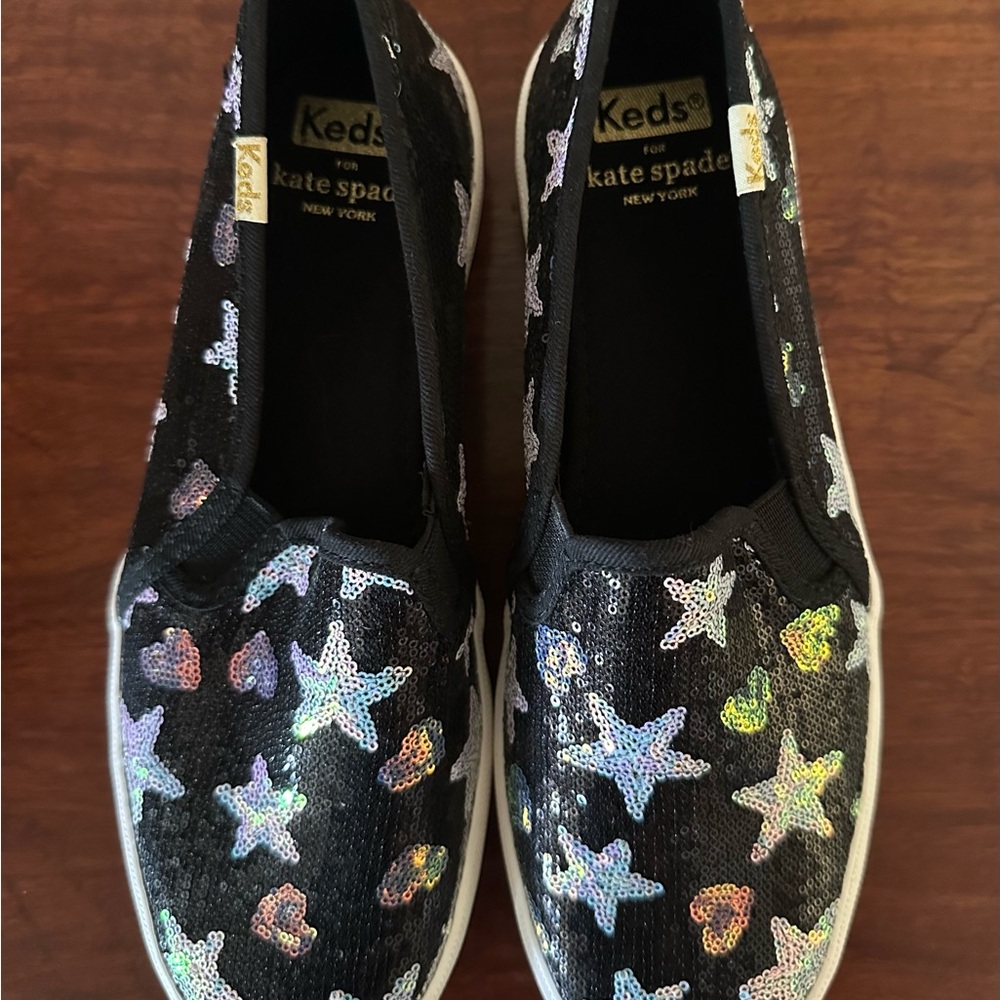 Kate Spade X Keds Black Slip-On Sneakers with Sequin Stars and Hearts 6 New